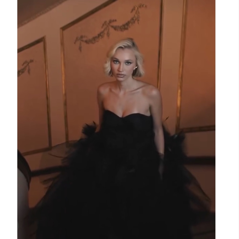 Mac Duggal Black Strapless Tulle Gown with Feather Detail - Picture 8 of 16